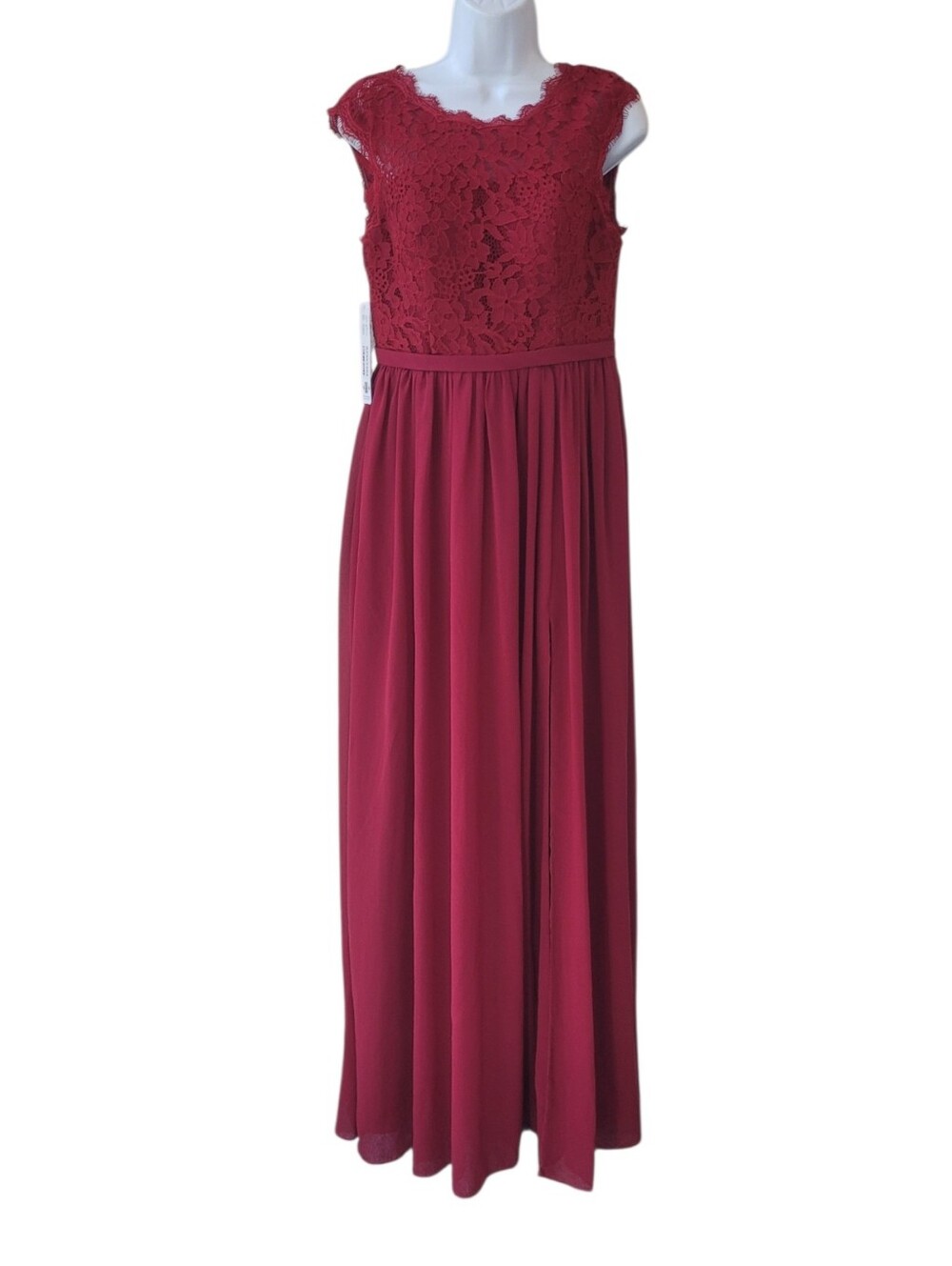 Azazie Burgundy Lace Bodice Chiffon Maxi Dress